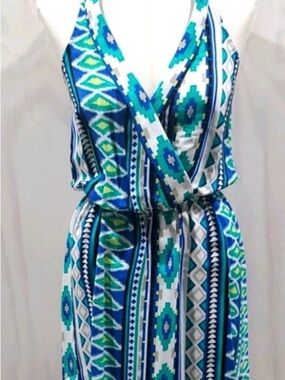 Parker AZTEC RACERBACK MINI 100% SILK Blue, Teal & White Dress
